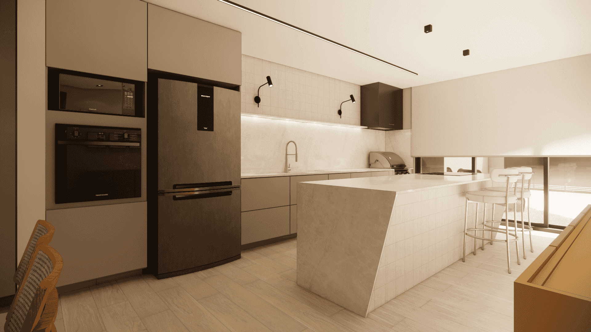 Cozinha planejada com ilha central, armários em tons neutros e bancada integrada — projeto de interiores da Sentire Arquitetura e Interiores.